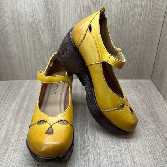 Venus Mary Jane Platform Shoes Womens 37 Adjustable Strap Cut Out Leather Yellow - Picture 7 of 12